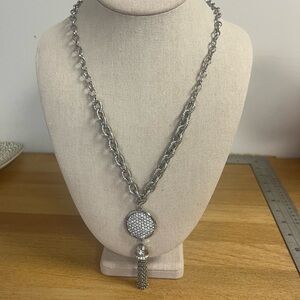 Chico’s silver tone rhinestone pendant metal tassel long lanyard necklace shiny